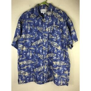 VTG Columbia Mens L Button Front Fish Shirt Blue Camp